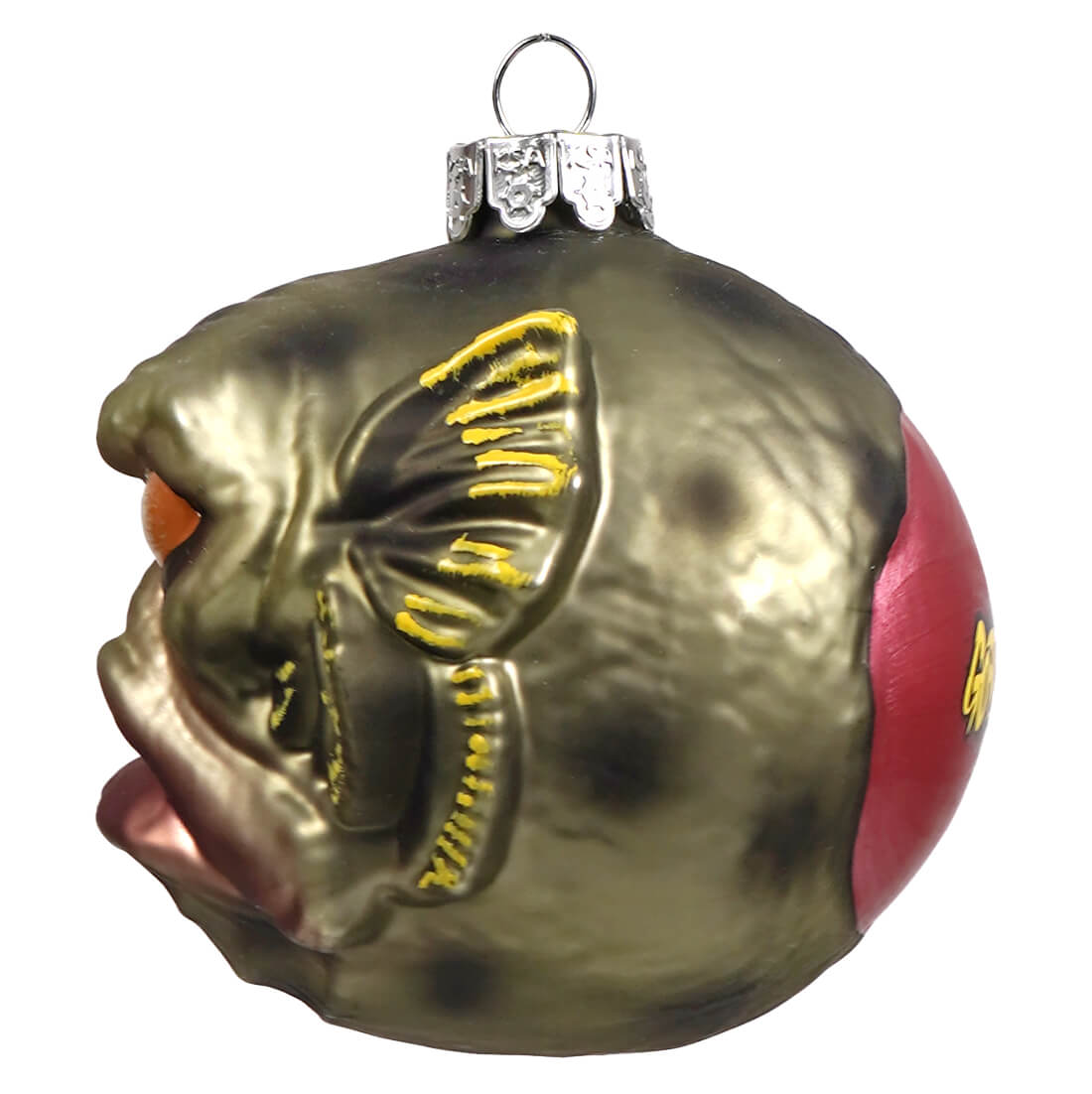 A glossy metallic green glass christmas ornament shaped like a grotesque fish head with yellow gills and red patch, perfect halloween ornaments alternative to pumpkin ornament
