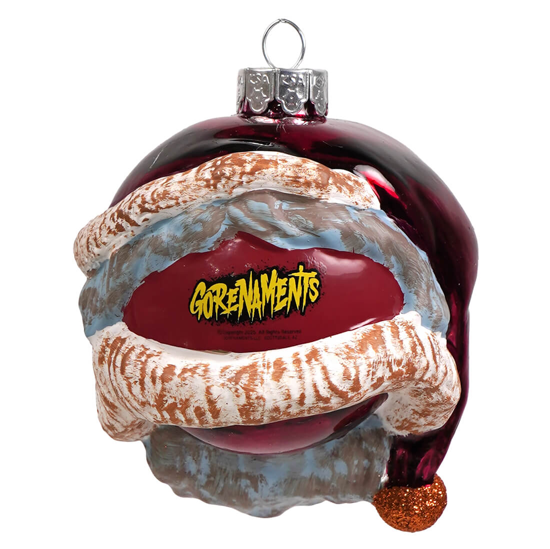 A glossy maroon glass ornament shaped like a grotesque open mouth with a glittery orange nose by kurt adler evil santa