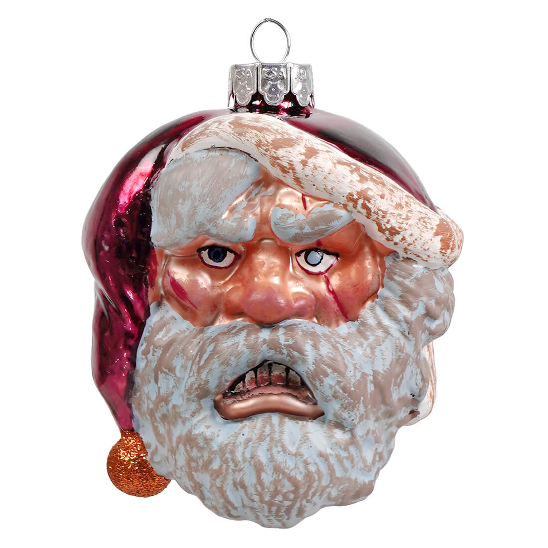 A distressed hand painted glass ornament of evil santa with a maroon hat and white beard by kurt adler