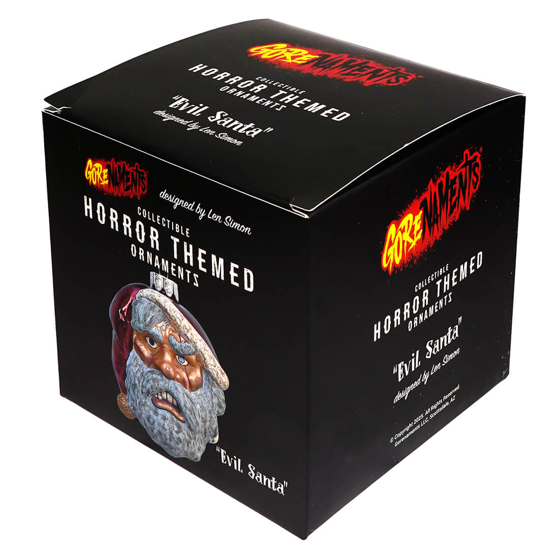 Black box packaging for gorenaments evil santa glass ornament featuring detailed sculpted face with gray beard and red hat by kurt adler