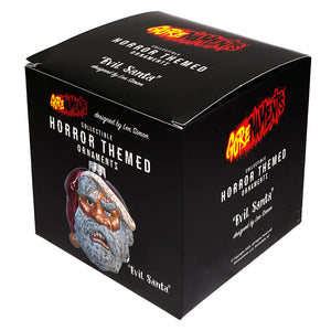 Black box packaging for gorenaments evil santa glass ornament featuring detailed sculpted face with gray beard and red hat by kurt adler