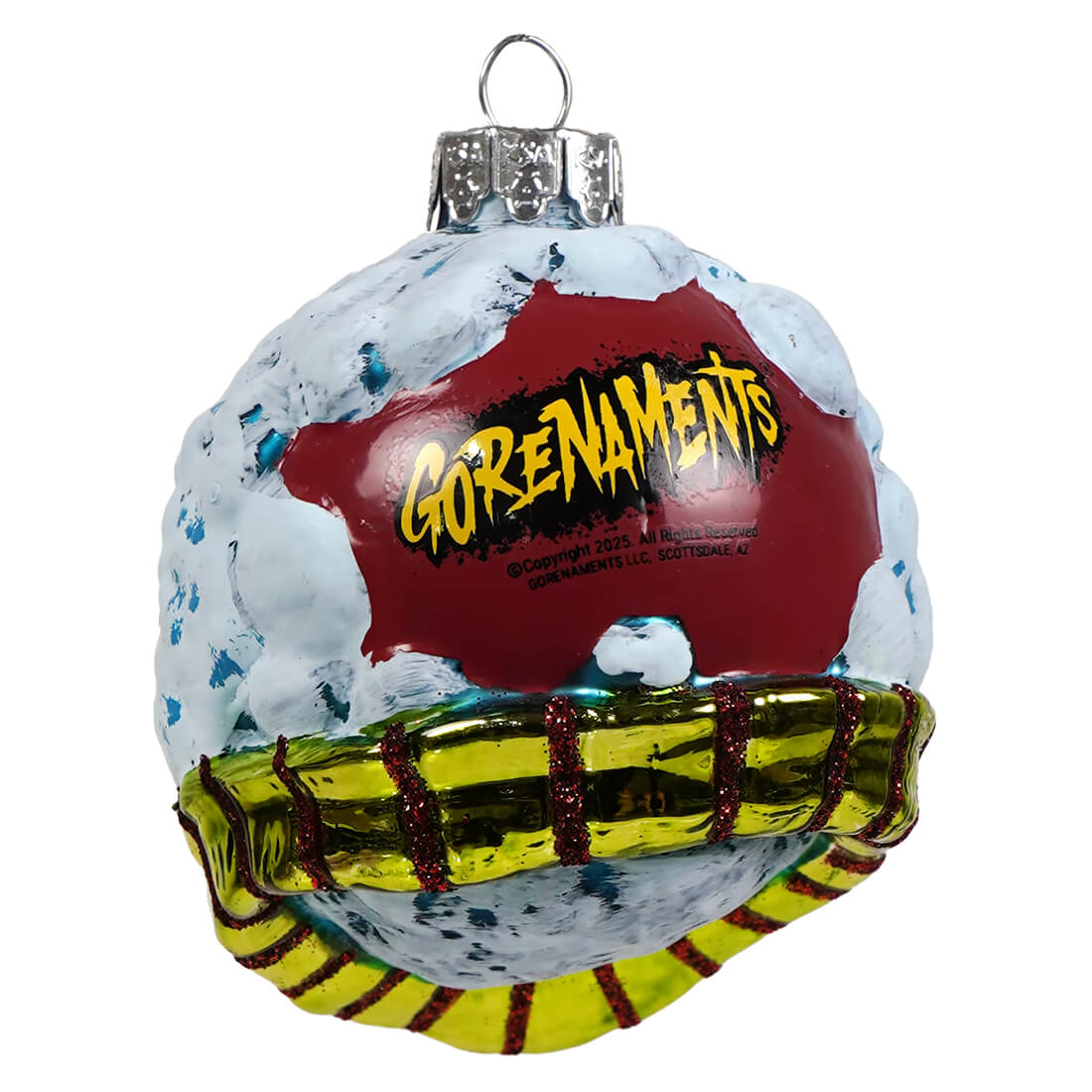 Glossy glass ornament with a snow-covered red and yellow striped bomb design and gorenaments logo, evil snowman style