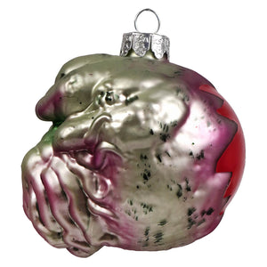 Gorenaments Lou the kraken glass ornament with glossy hand blown pink silver swirls and black speckles by kurt adler