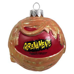 Red and gold glass gorenaments mummy ornament shaped like a melting burger perfect for halloween ornaments and pumpkin ornament decor