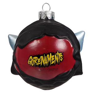 Black and red devil-themed vampire glass ornament with silver horns and gorenaments logo by kurt adler