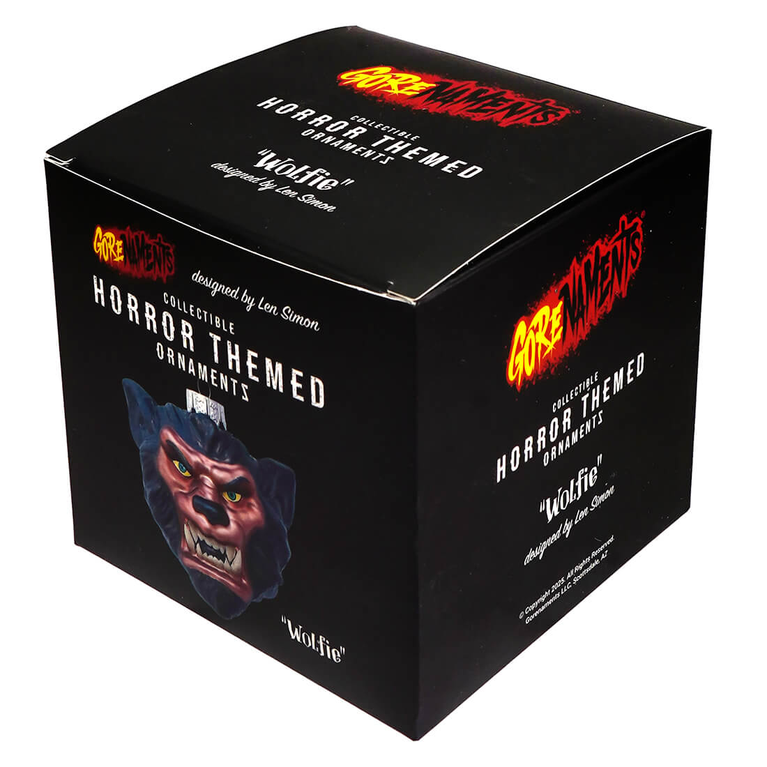 Black box containing len simon horror-themed wolfie werewolf glass ornament from gorenaments kurt adler collection