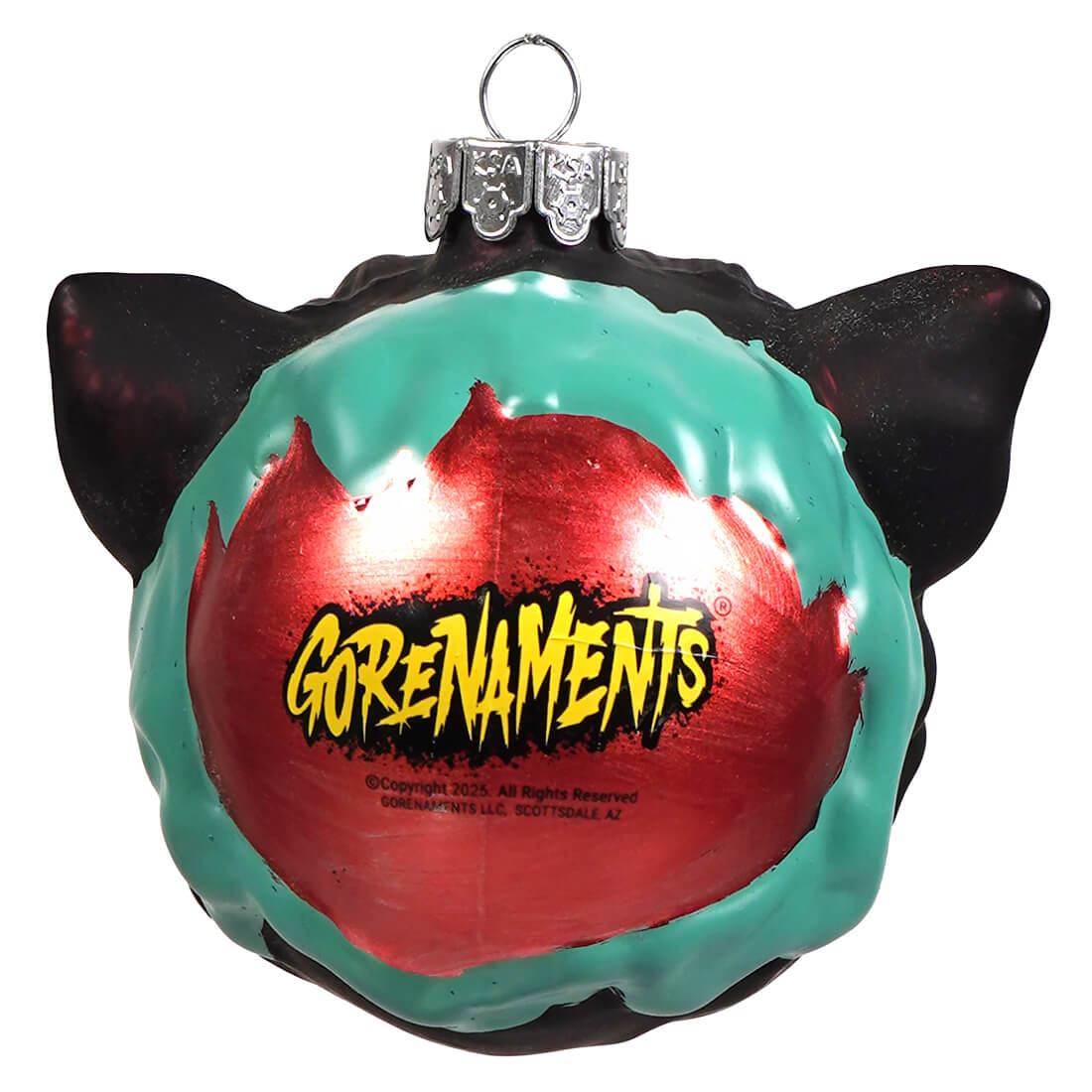 Glossy black werewolf glass ornament shaped like a cat head with teal red paint splatter and gorenaments logo by kurt adler