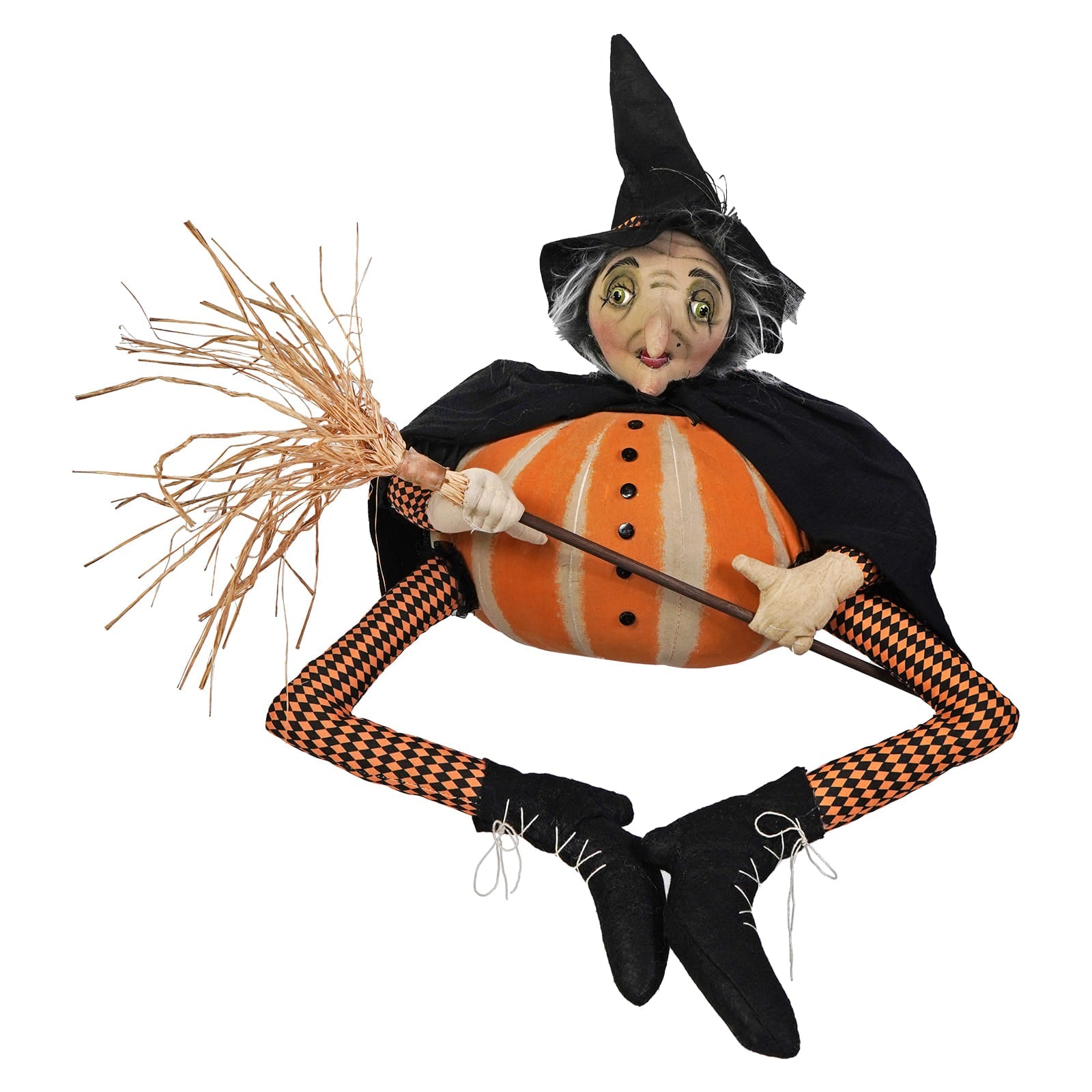 Orange and white striped pumpkin-bodied gourdisha witch figurine with black hat and cape personally inspected by joe spencer