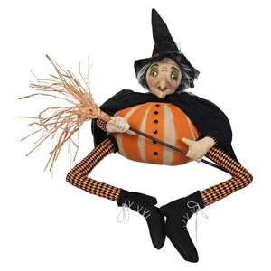 Orange and white striped pumpkin-bodied gourdisha witch figurine with black hat and cape personally inspected by joe spencer