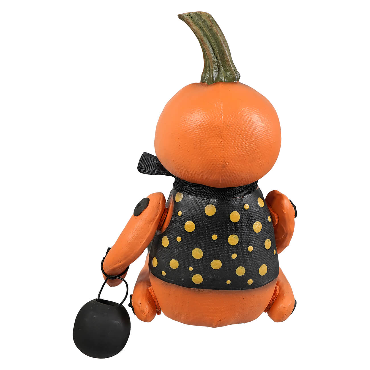 Orange pumpkin sitter figurine by bethany lowe halloween figures wearing black polka dot dress holding small bucket