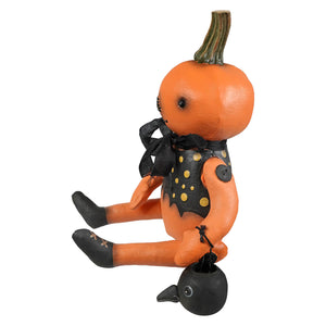 Orange pumpkin sitter with black polka-dot vest bow tie and small black bird by bethany lowe halloween figures and dolls