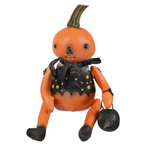 Orange pumpkin sitter figurine with black polka-dot vest and bird lantern by bethany lowe halloween figures & dolls