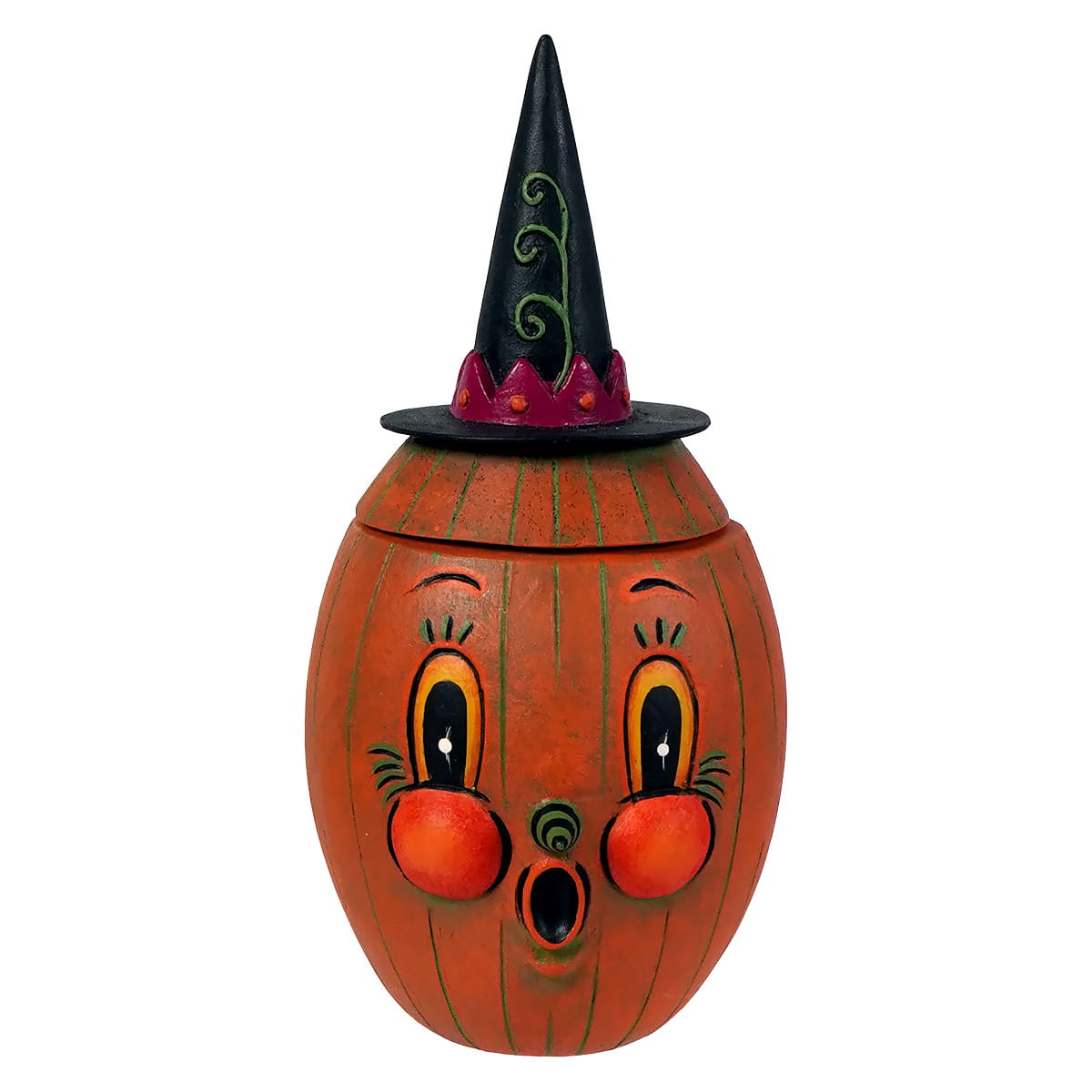 Orange pumpkin-shaped cookie jar with black witch hat and painted face from johanna parker gourdy orange-o-ween jar