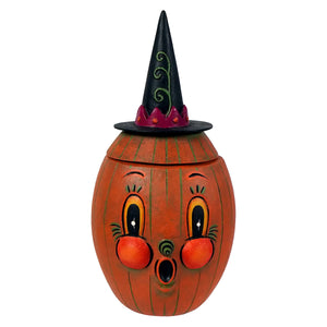Orange pumpkin-shaped cookie jar with black witch hat and painted face from johanna parker gourdy orange-o-ween jar