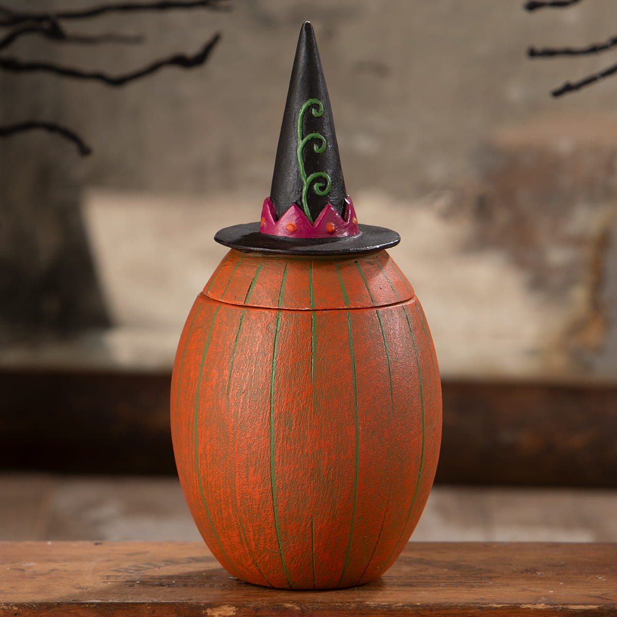 Gourdy orange-o-ween jar by bethany lowe designs is an orange pumpkin storage jar with a black witch hat lid by johanna parker