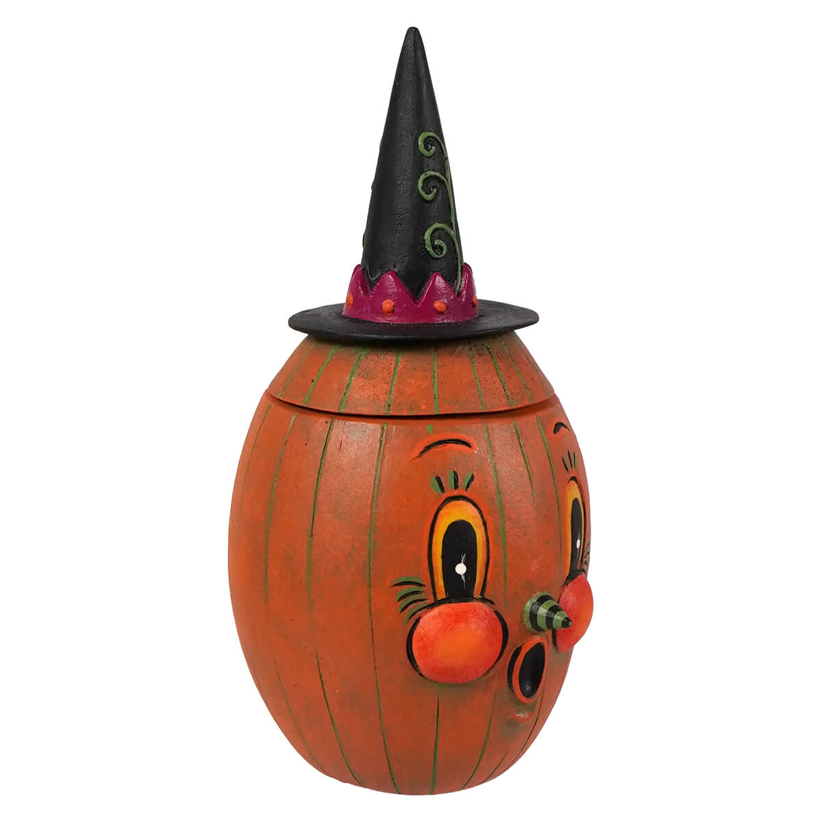 Orange pumpkin-shaped storage box with black witch hat and painted face from bethany lowe designs gourdy orange-o-ween jar