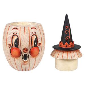 Cute gourdy white-o-ween halloween candle holder with white jack o lantern pumpkin face and matching witch hat lid