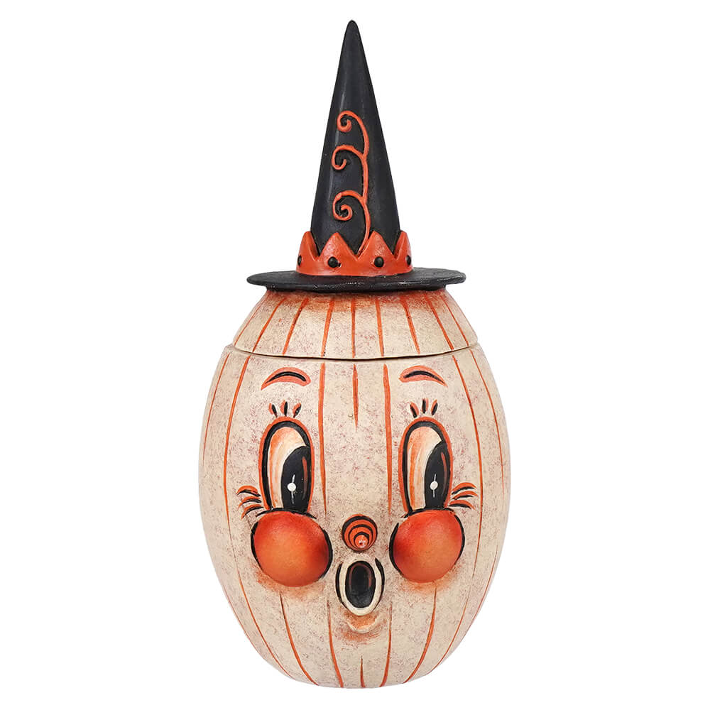 Vintage-style gourdy white-o-ween pumpkin candy dish with witch hat featuring classic jack o lantern design