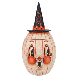 Vintage-style gourdy white-o-ween pumpkin candy dish with witch hat featuring classic jack o lantern design