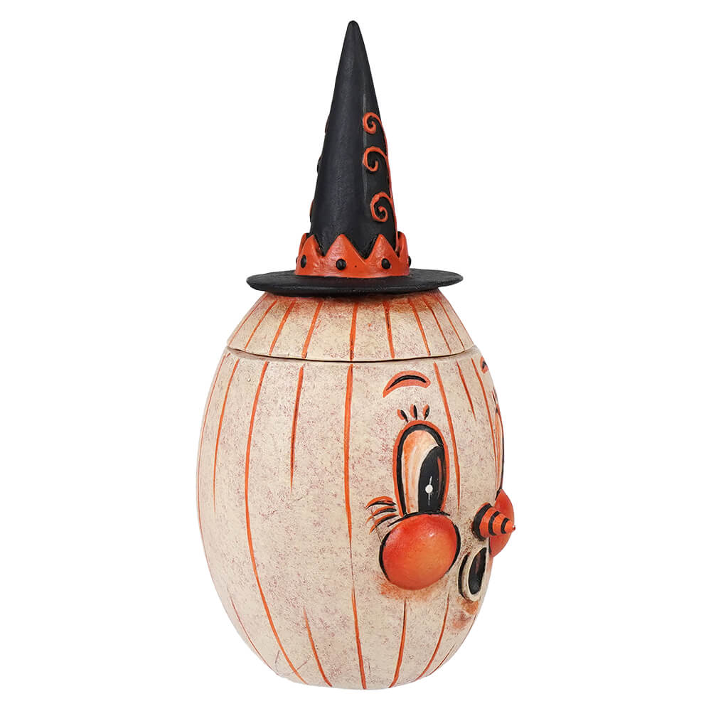 Gourdy white-o-ween whimsical beige pumpkin storage jar with jack o lantern face and black witch hat with orange swirls