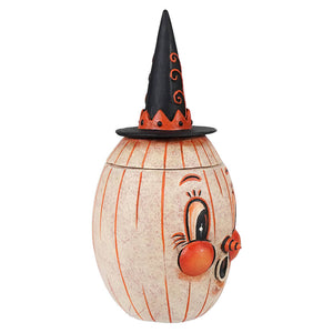 Gourdy white-o-ween whimsical beige pumpkin storage jar with jack o lantern face and black witch hat with orange swirls