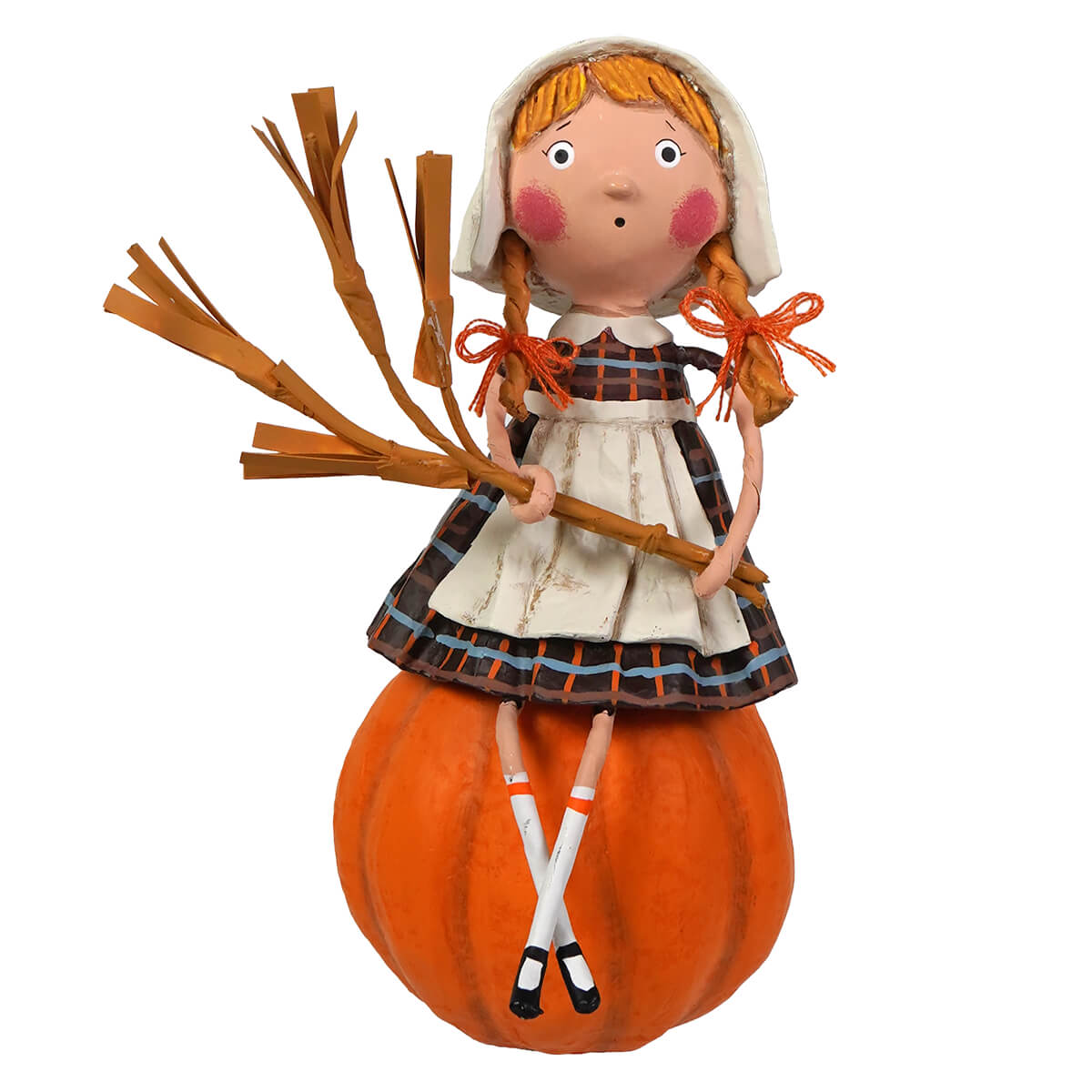 A charming lori mitchell grateful greta pumpkin with a girl figurine in plaid holding a broom thanksgiving pilgrims and indians figural decor