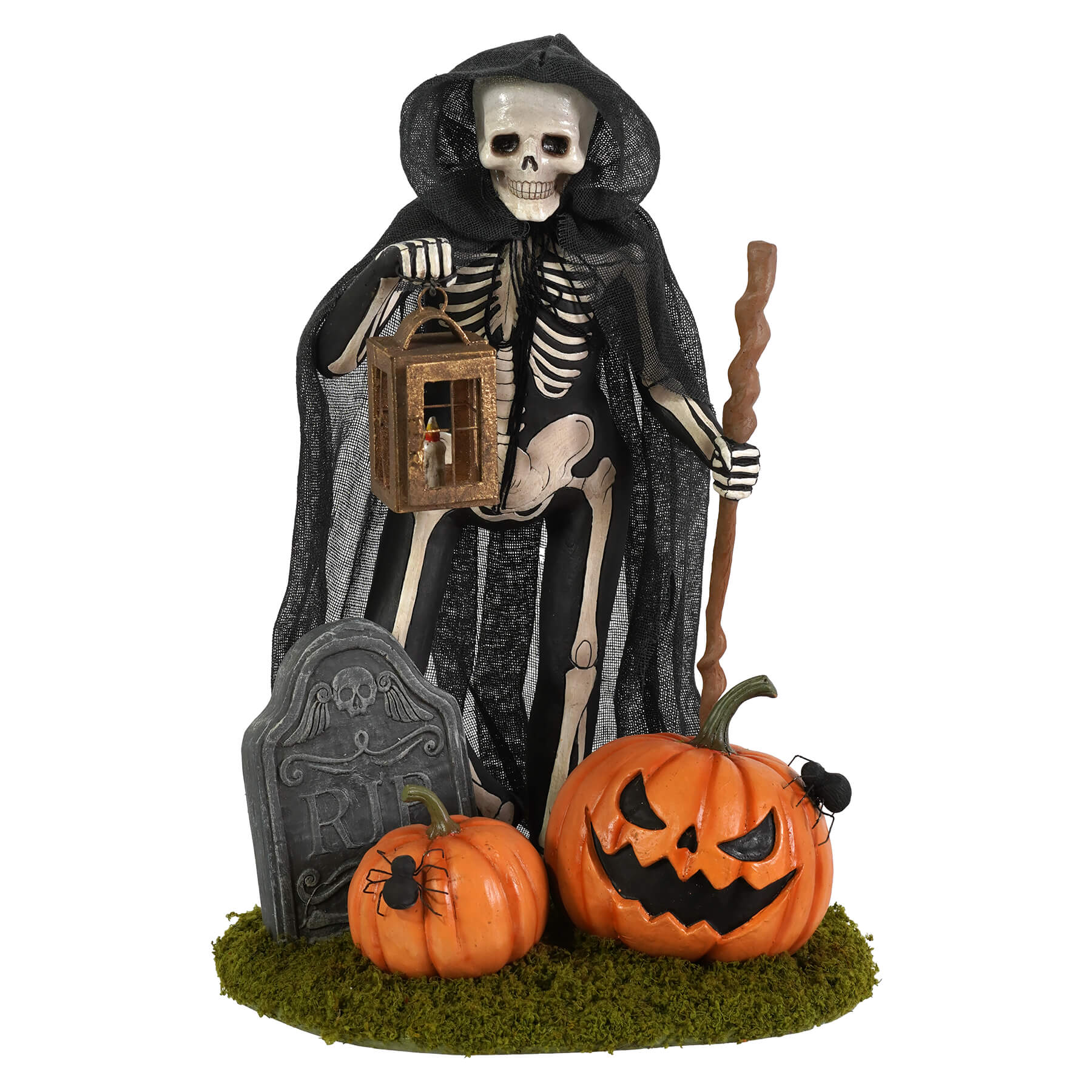 Black hooded skeleton decor figure holding lantern and staff beside tombstone and pumpkins on mossy base