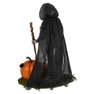 Gravedyard gideon skeleton black mesh hooded skeleton decor figure holding twisted wooden staff by orange pumpkin