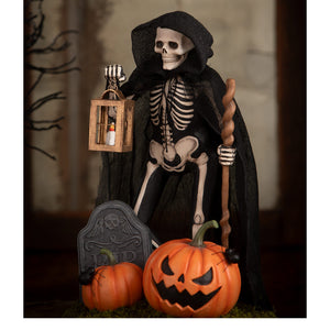 Graveyard gideon skeleton black hooded skeleton decor figure holding wooden lantern and twisted staff ornament