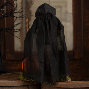 Black hooded cloak with drawstring neckline and sheer textured fabric in graveyard gideon skeleton decor figure
