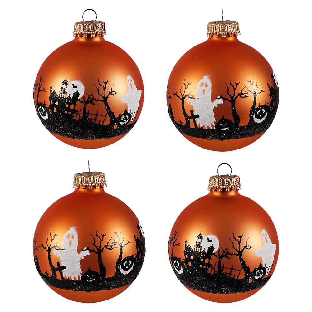 Graveyard Scene Orange Ball Ornaments Set/4 - Ornaments