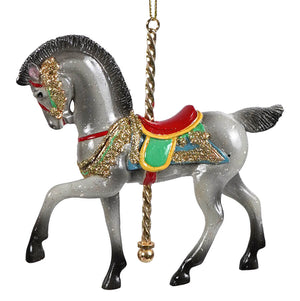 Gray dapple prancing horse carousel ornament with glittery silver finish and gold trim fair ornament decoration