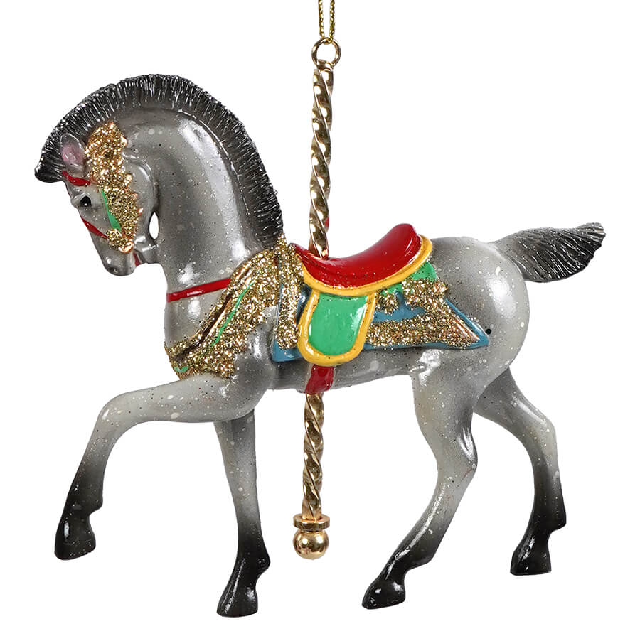 Gray dapple prancing horse carousel ornament with glittery silver finish and gold trim fair ornament decoration