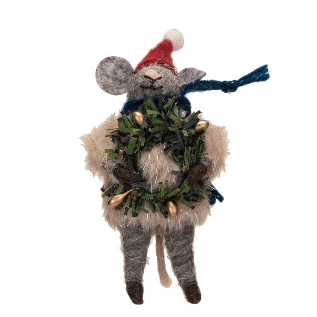 Felt mouse ornament wearing a Santa hat and holding a wreath with lights.