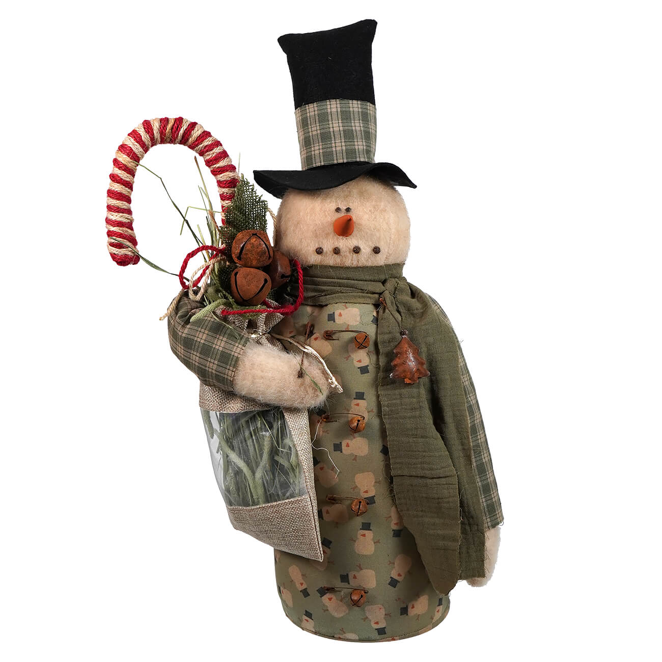 A plush green attire pencil snowman holding a stocking dressed in plaid coat and black hat with plaid band