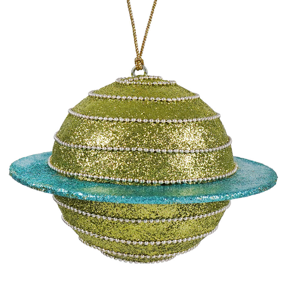 Green & Blue Beaded & Glittered Ringed Planet Ornament - Ornaments