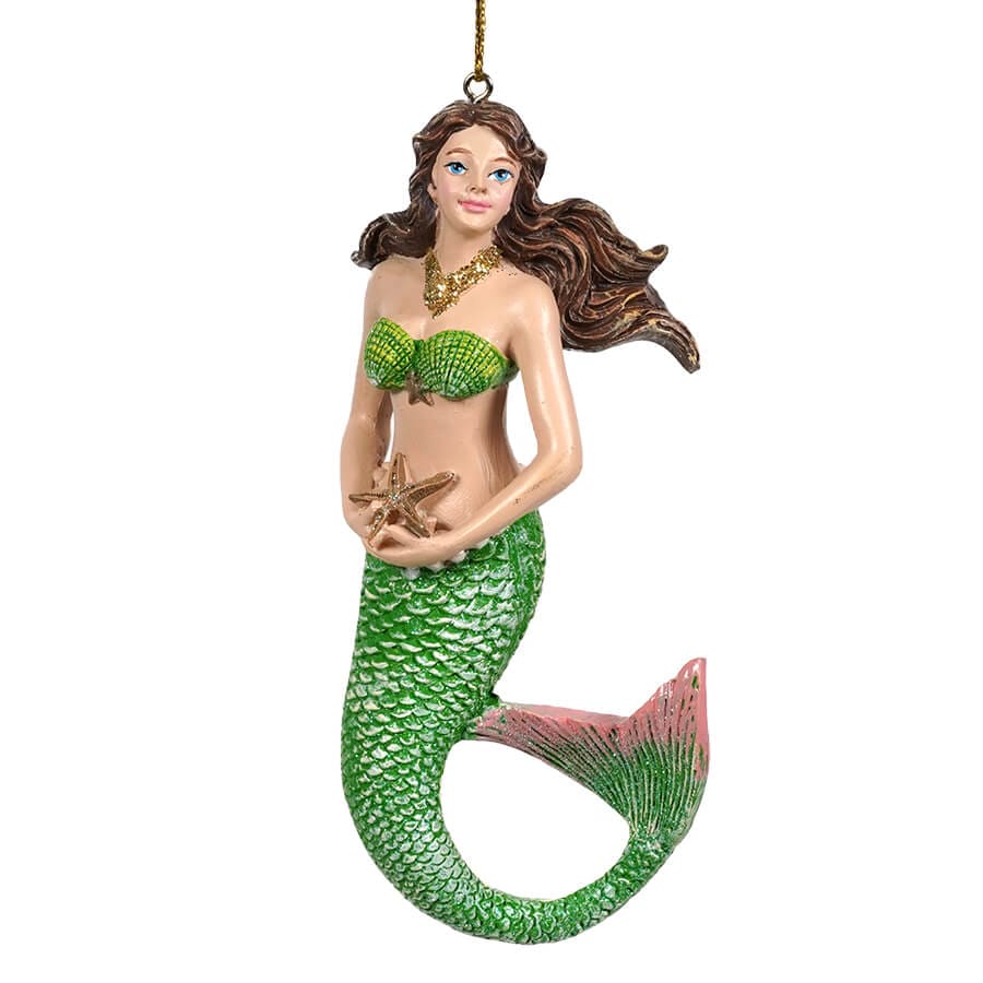 Green Brunette Mermaid Holding Starfish Ornament