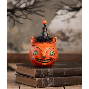 Orange cat-shaped halloween candy dish with party hat inspired by green eyed copper cat halloween cats design
