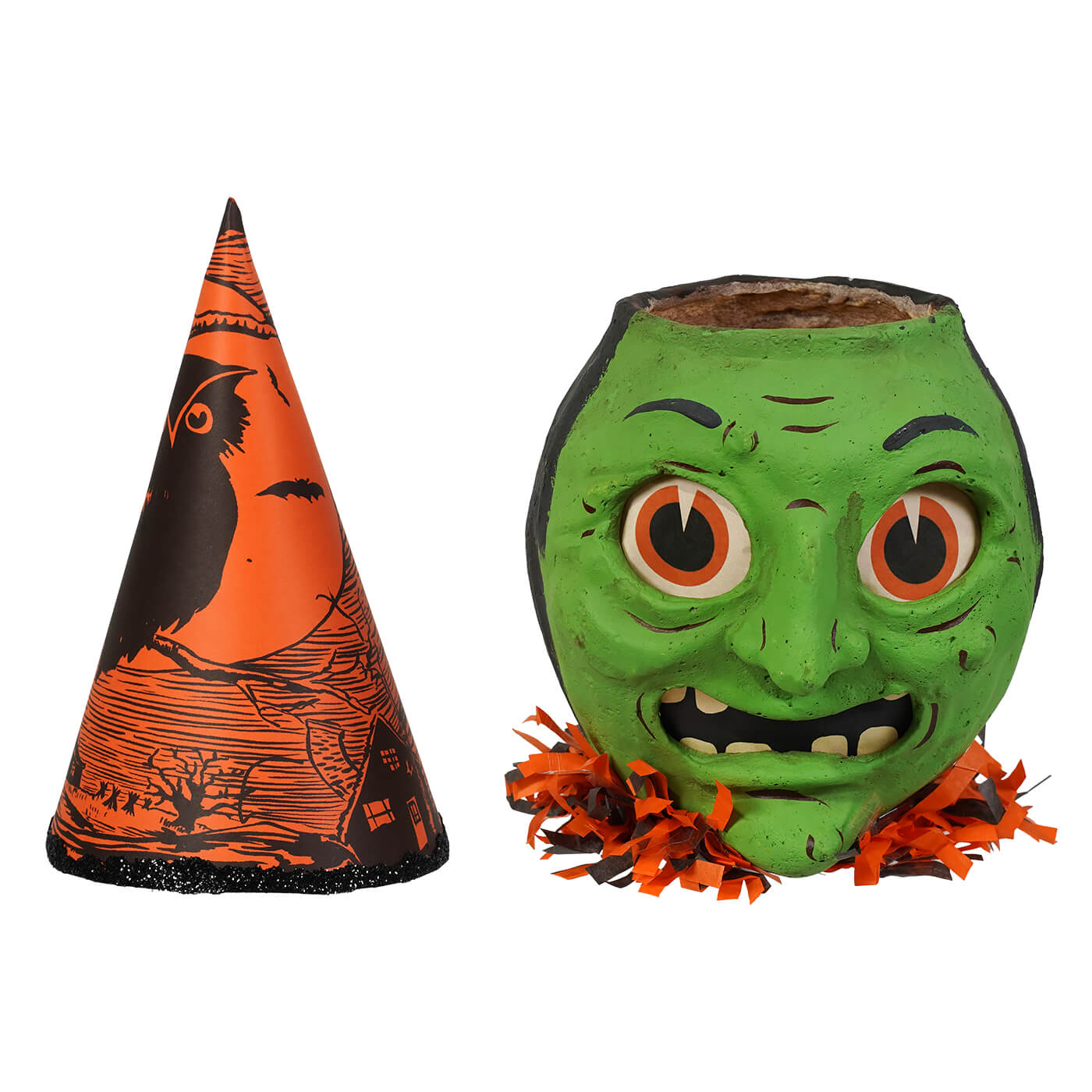 Green faced crone green witch face planter with orange and black fringe trim by rachel garrison lighted decor