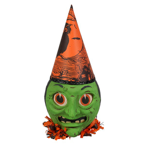 Green faced crone lighted decor by rachel garrison with green witch face and orange black hat with bird illustration
