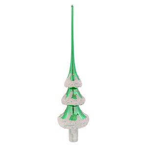 Green frosted finial tree topper with white accents perfect as a finial tree topper for holiday decor