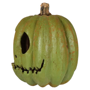 A weathered green ghost faced pumpkin with a single eye and jagged teeth topped with a rustic brown stem perfect for halloween pumpkins and gourds