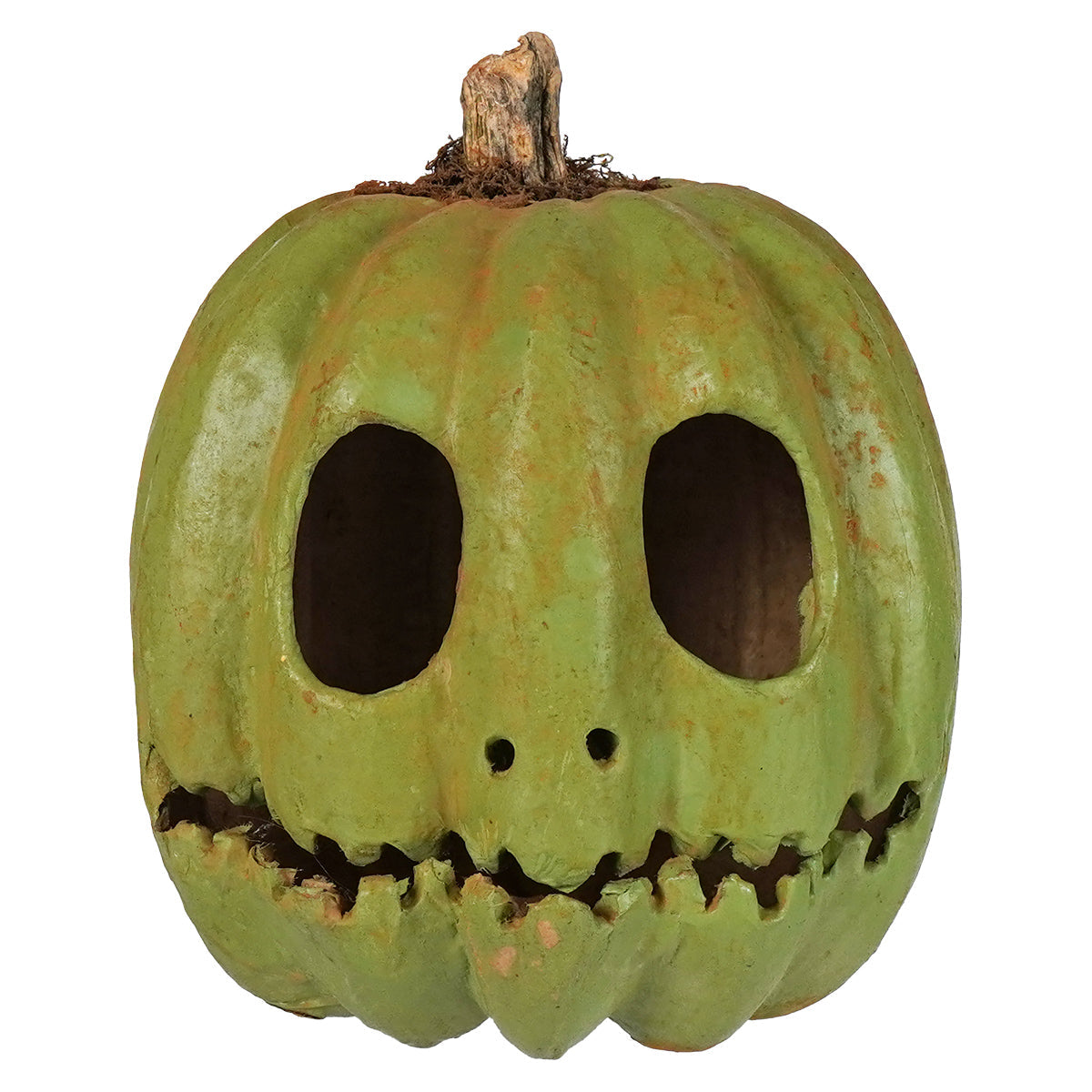 A weathered green ghost faced pumpkin with carved black eyes and a jagged toothy grin for halloween pumpkins and gourds