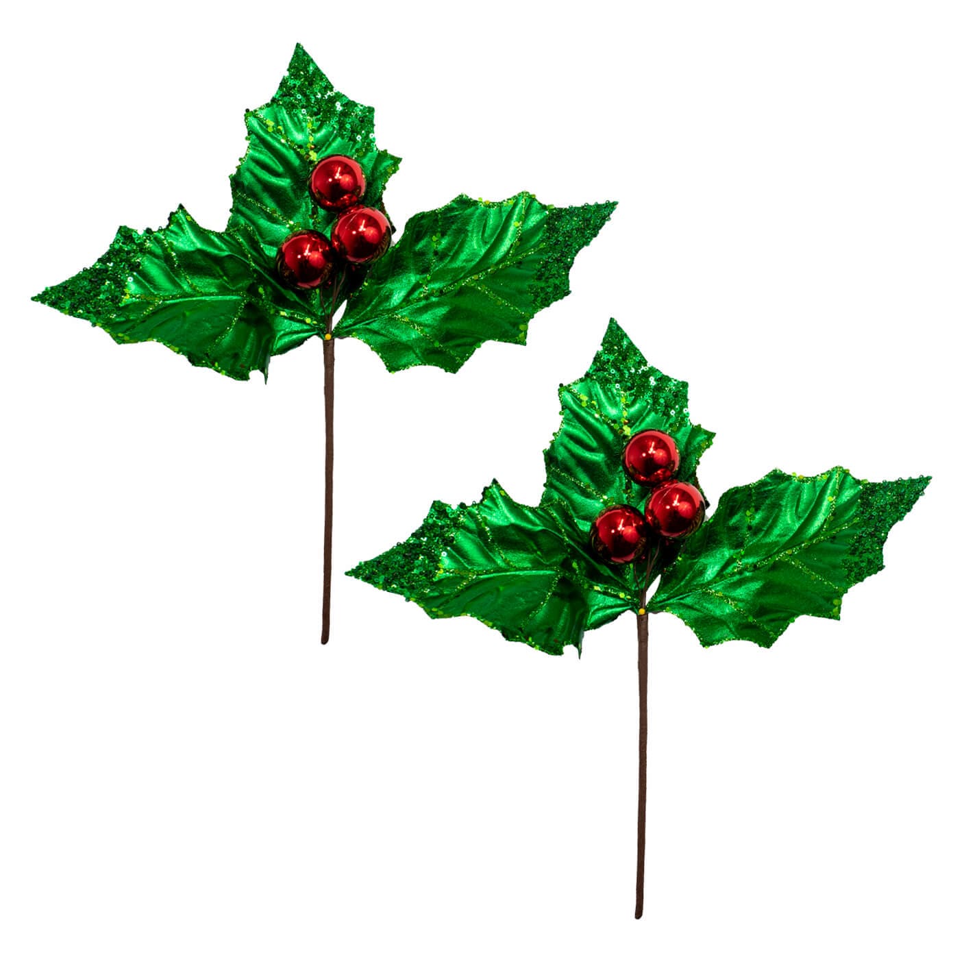 Green Holly Leaf With Red Berry Pick Set/2 - Christmas