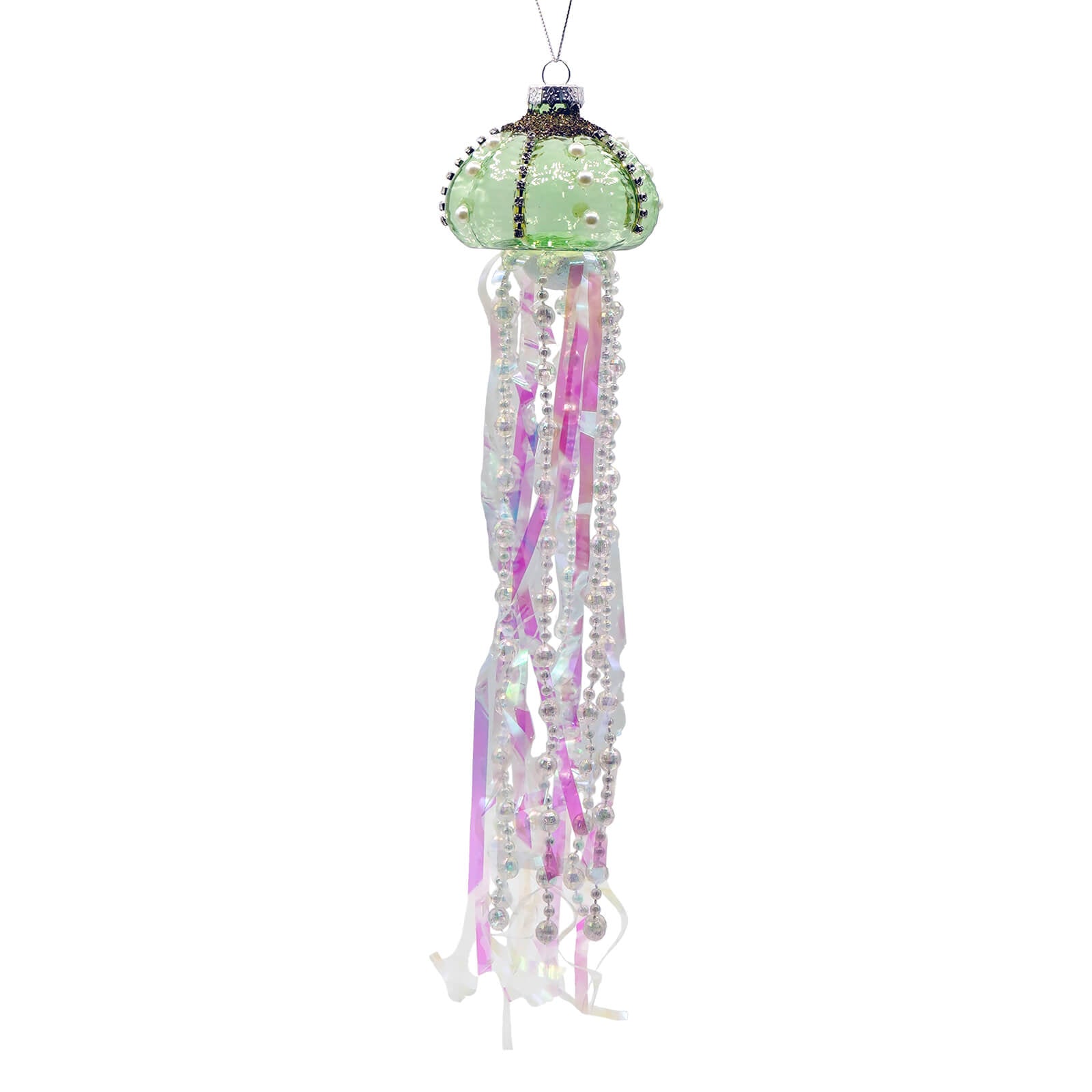 Green glass jellyfish ornament with long iridescent pink ribbons and silver beads as a unique aqua jellyfish decoration