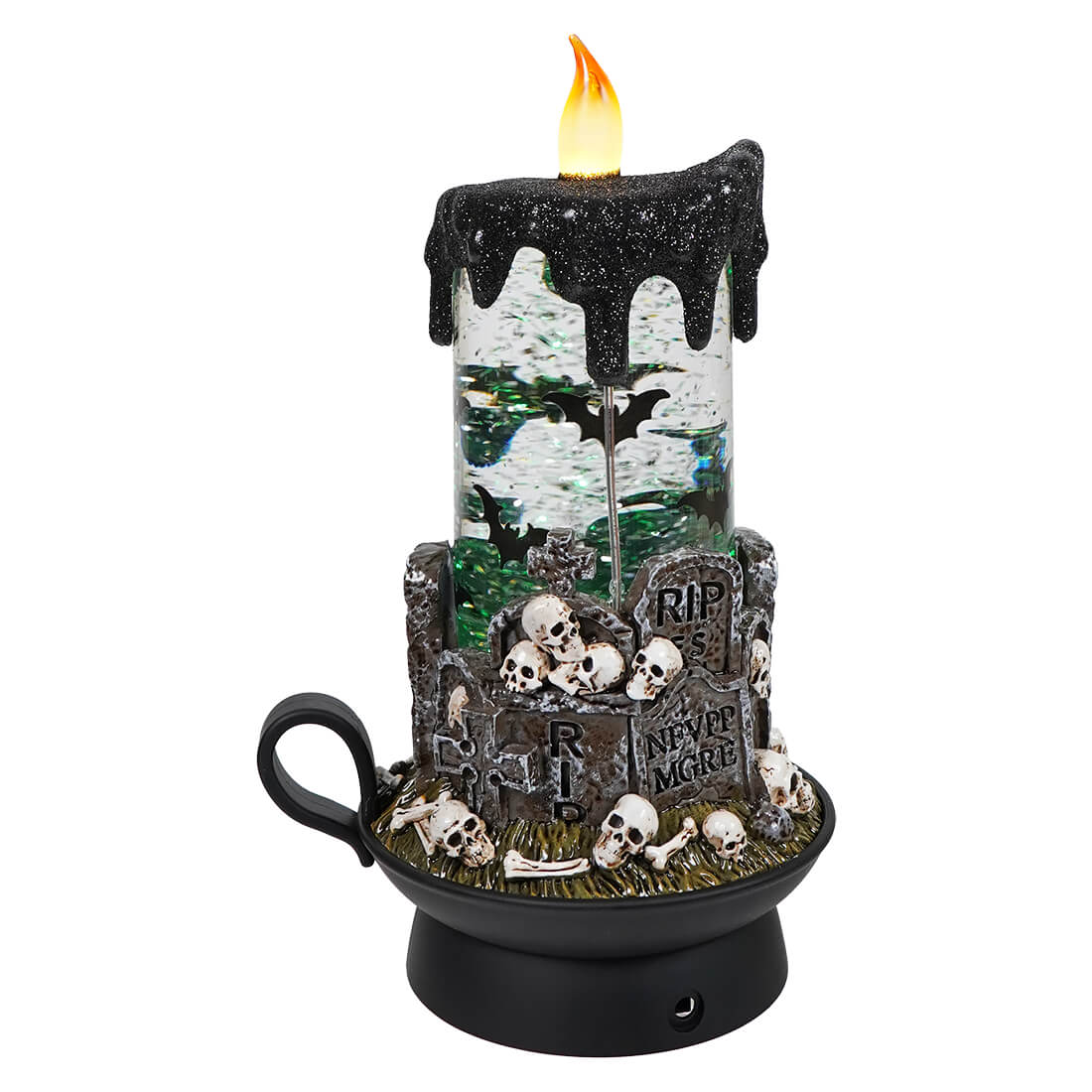 Green Lighted Spinning Water Globe Graveyard Scene Flickering Candle - Halloween