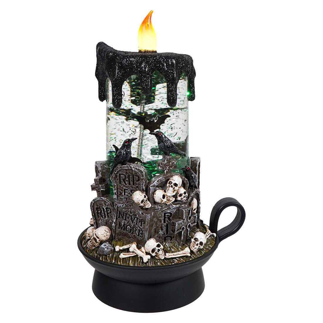 Green Lighted Spinning Water Globe Graveyard Scene Flickering Candle - Halloween