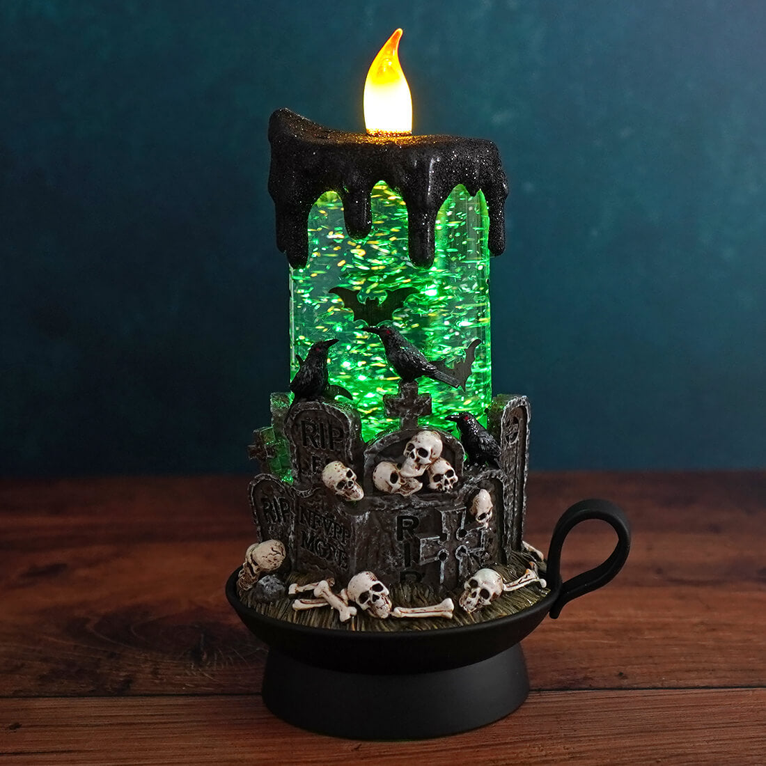 Green Lighted Spinning Water Globe Graveyard Scene Flickering Candle - Halloween