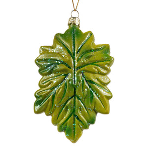 Green man glass ornament glossy green glass leaf with glitter accents and gold loop perfect cody foster ornament