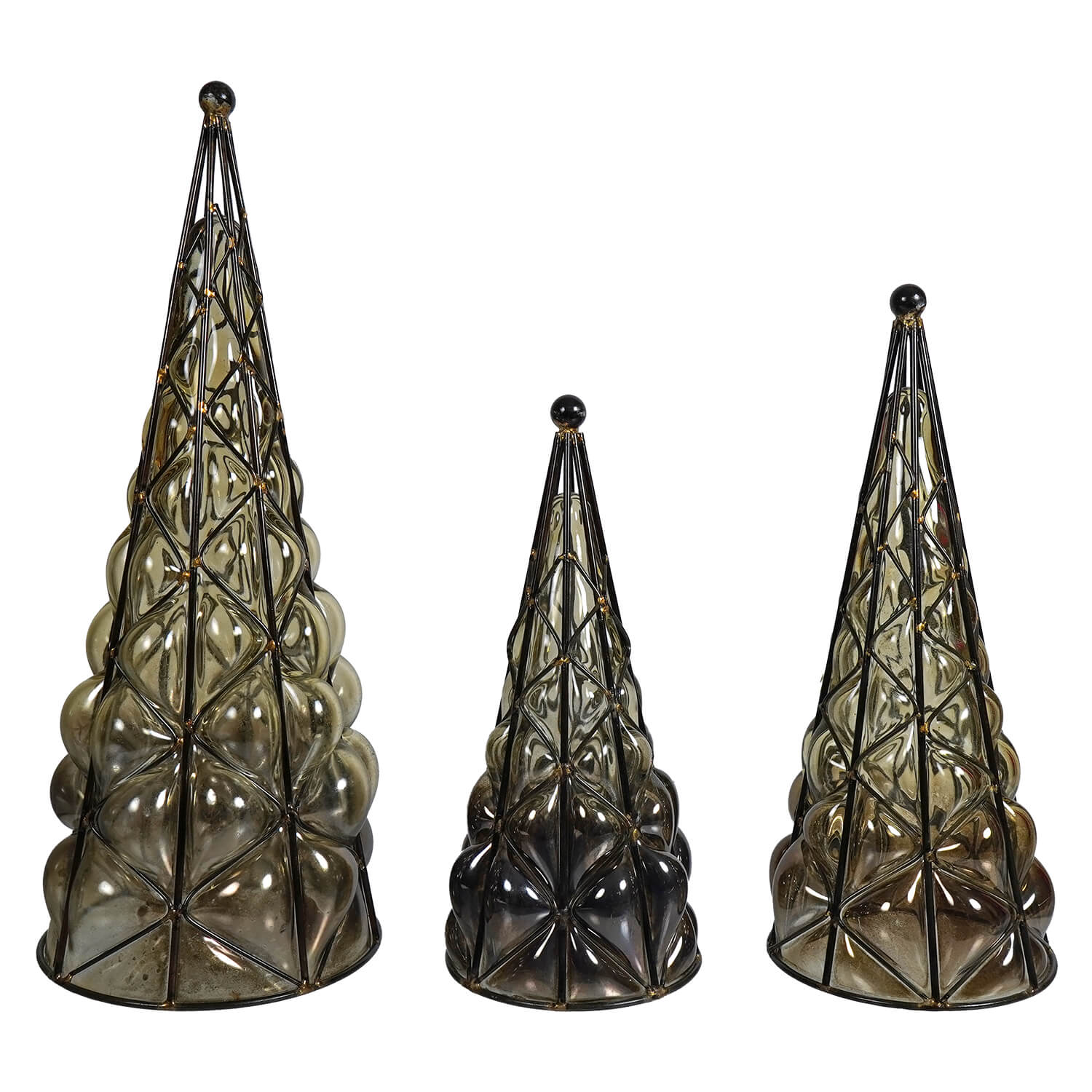 Three tiered green metallic blown glass christmas trees with dark metal frame for vintage christmas village decor